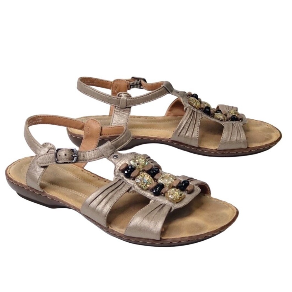 Clarks Artisan Womens 8M Metallic Gold‎ Beaded Leather T-Strap Sandals